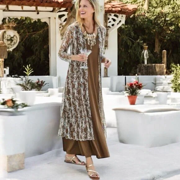 knee length dresses for ladies Momyknows Ivory Lace Two Piece Set Side Slit V-Neck Cami Maxi Dress and Crop Cardigan Elegant Going Out Maternity Photoshoot Baby Shower Maxi Dress